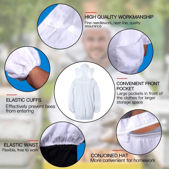 Diagram van een witte imkerjas met highlights op de elastische manchetten, taille, voorvak en kap.