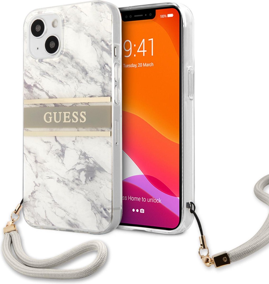 Grijs hoesje van Guess - Hardcase Backcover - iPhone 13 - Met Riem - Marble