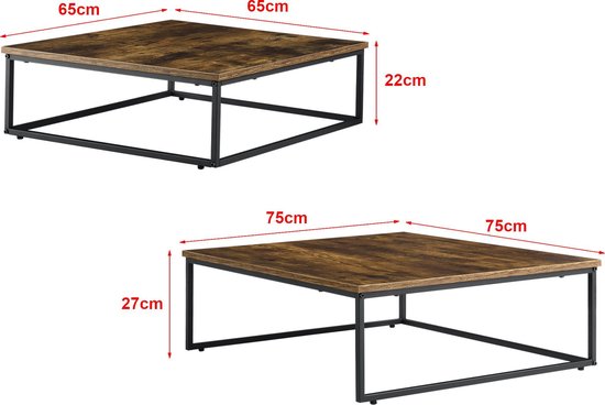 Lot de 2 tables basses gigognes Haninge carrées Effet bois foncé [en.casa]