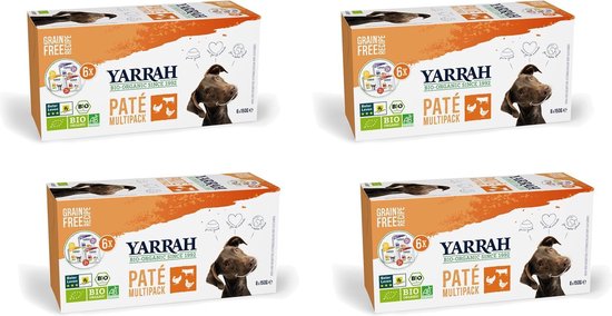 Yarrah Bio Hond Mult-Pack Alu Kuip - Kip, Kalkoen & Rund - Hondenvoer - 4 x (6 x 150 g) - NL-BIO-01