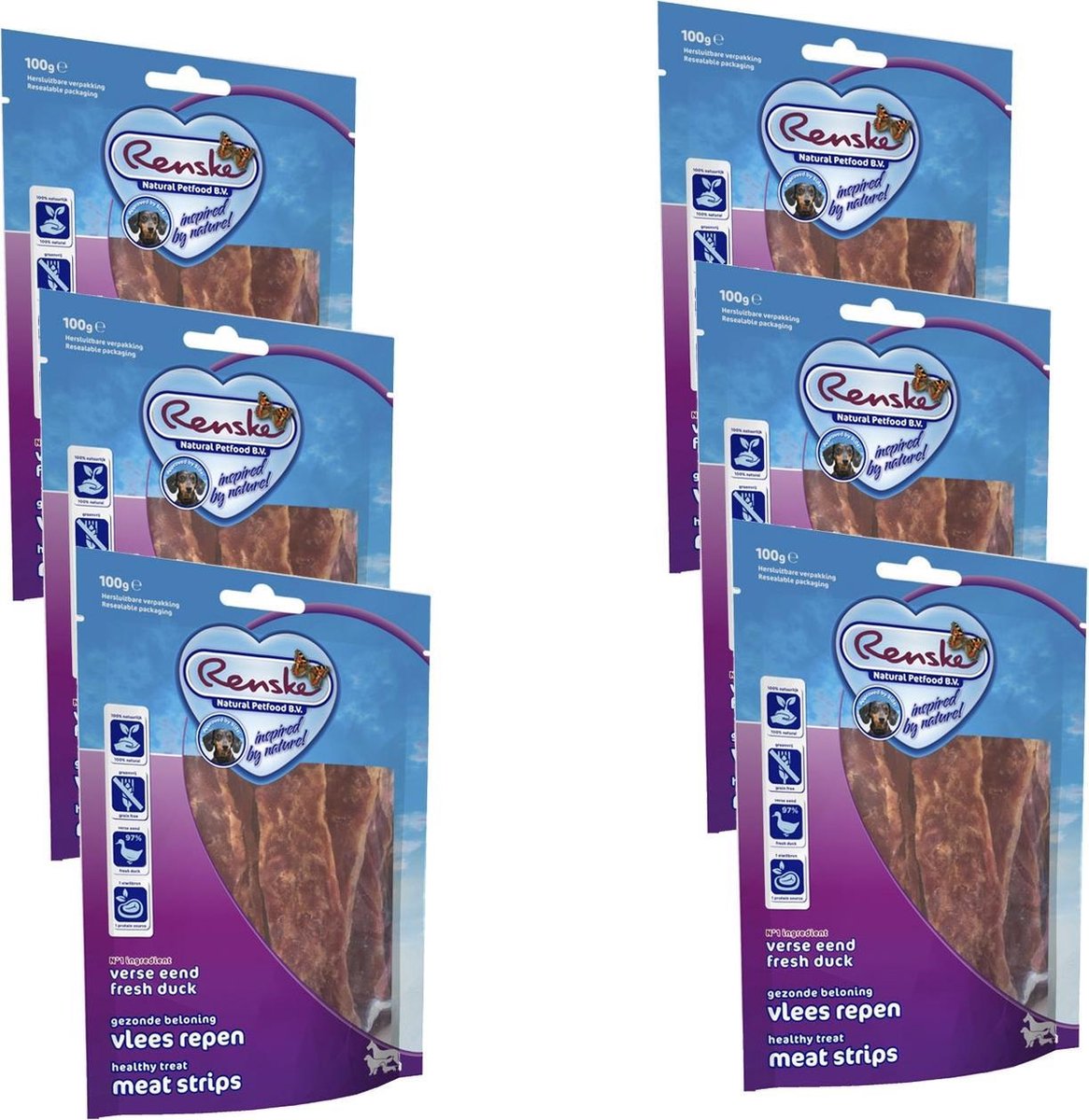 Renske Vleesrepen 100 g - Hondensnacks - 6 x Eend&Groente
