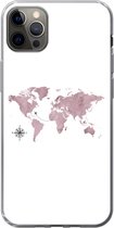 Geschikt voor iPhone 13 Pro Max hoesje - Wereldkaart - Roze - Vliegtuig - Siliconen Telefoonhoesje