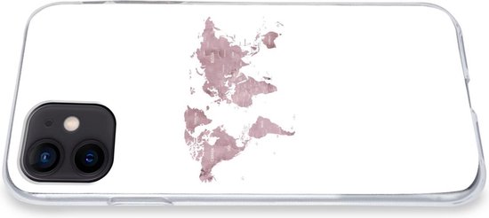 Telefoonhoesje Geschikt voor iPhone 12 hoesje - Wereldkaart - Roze - Wit - Siliconen Telefoonhoesje Telefoonhoesje