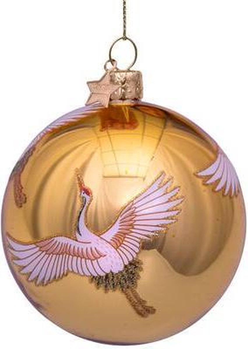 Bauble glass shiny gold w/crane birds all over H8cm