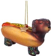 Glazen kerst decoratie hotdog met teckel H6cm