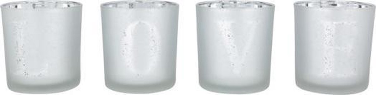 Theelichthouder set 4 "LOVE" Frost wit 7x7xH8 cm glas