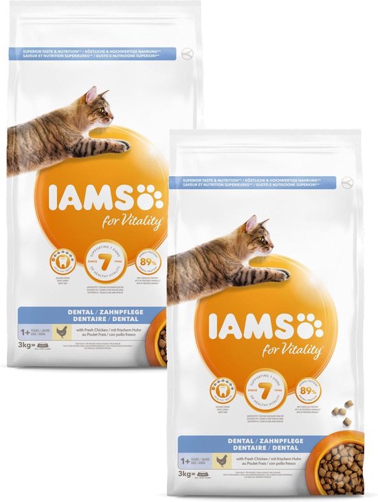 Kies IAMS kattenvoer: 15x Gelukkige katten, stralende vacht. 16 Iams Cat Adult Dental - Kattenvoer - 2 x Kip 3 kg