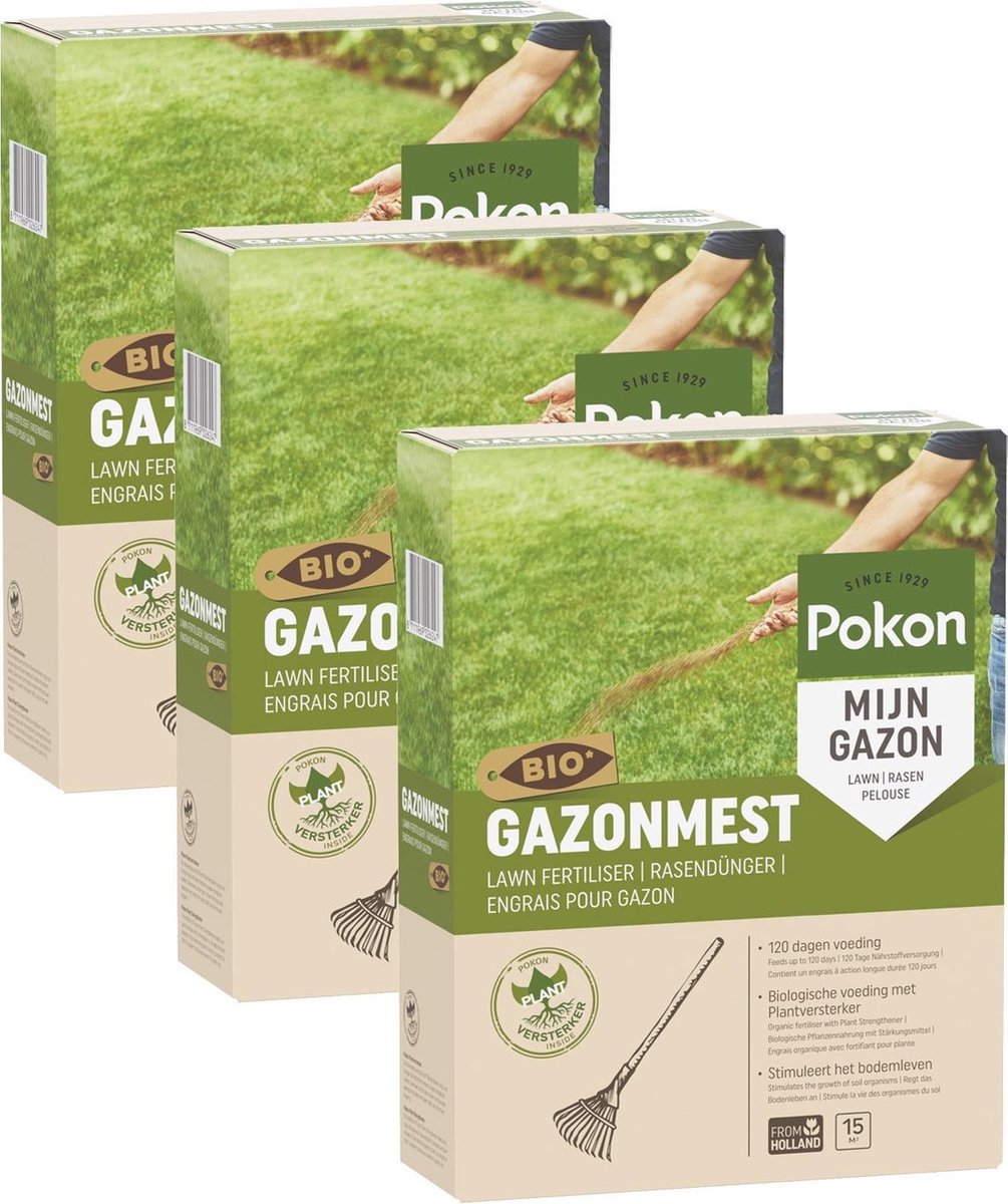 Pokon Bio Gazonmest - 3 x 1kg - Mest - Geschikt voor 3 x 15m² - 120 dagen biologische voeding - Voordeelverpakking