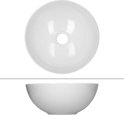 Vues de dessus et de côté d'un lavabo rond blanc en céramique, isolé sur fond blanc.