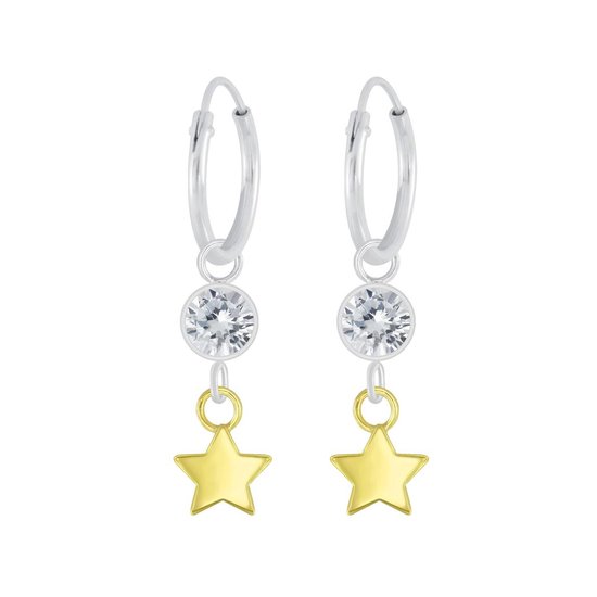 Joy|S - Zilveren ster bedel oorbellen - oorringen - kristal met ster - 14k goudplating