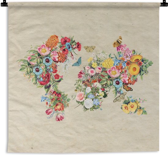 Wandkleed - Wanddoek - Wereldkaart - Bloemen - Vlinder - Bruin papier - 180x180 cm - Wandtapijt