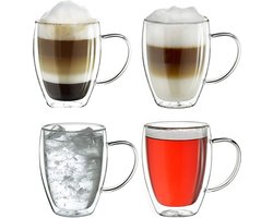 Dubbelwandige glazen met oortje -  set van 4 x 250 ml - Dubbelwandige Theeglazen - Glazen voor thee, koffie en cappuccino