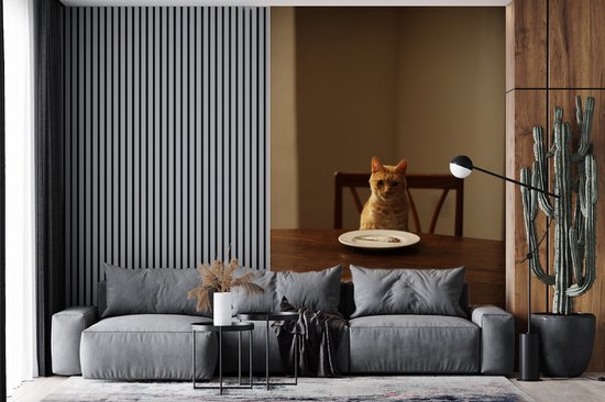 Behang - Fotobehang Kat - Eettafel - Bord - Breedte 200 cm x hoogte 300 cm