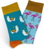 JustSockIt dieren sokken 2pack - Dieren box - Vrolijke sokken - Alpaca sokken - Flamingo sokken - Lama sokken