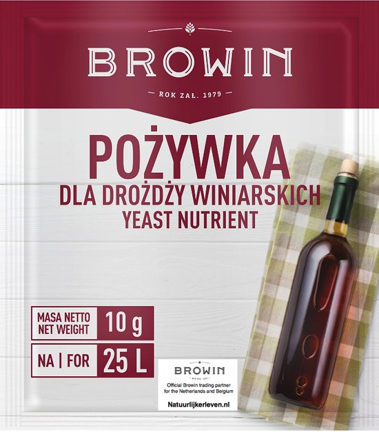 Sachet de levure Browin avec l'inscription 'Pożywka dla drożdży winiarskich' et une bouteille de vin rouge.