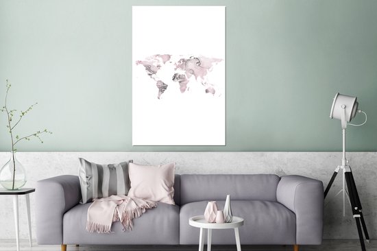 Aluminium schilderij 80x120 cm - Wanddecoratie metaal - Wereldkaart - Roze - Grijs - Verf - Metalen muurdecoratie woonkamer - Decoratie industrieel - Foto op dibond - Industriële accessoires slaapkamer