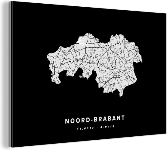 Décoration murale Métal - Peinture Aluminium - Brabant du Nord - Carte routière Pays- Nederland - Zwart - 150x100 cm