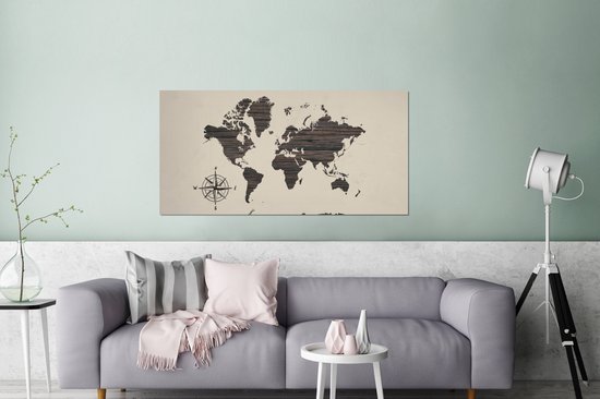 Décoration murale Métal - Peinture Aluminium - Wereldkaart - Bois - Marron - 160x80 cm