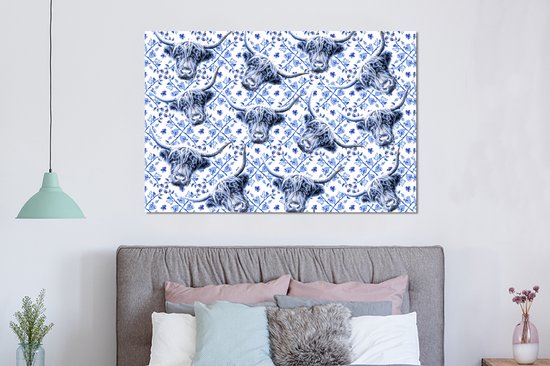 Wanddecoratie Metaal - Aluminium Schilderij Industrieel - Schotse hooglander - Delfts blauw - Patroon - 150x100 cm - Dibond - Foto op aluminium - Industriële muurdecoratie - Voor de woonkamer/slaapkamer