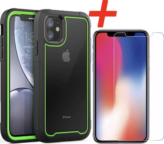 Coque de téléphone noire et verte à côté d'un smartphone avec protecteur d'écran en verre. Plus rouge.