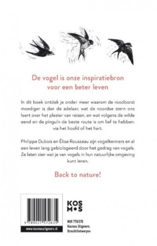 Achterkant boek: "De vogel is onze inspiratiebron voor een beter leven". Illustraties van vogels en tekst.