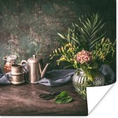 Stilleven rustieke tafel poster papier 50x50 cm - Foto print op Poster (wanddecoratie woonkamer / slaapkamer) / Bloemen Poster