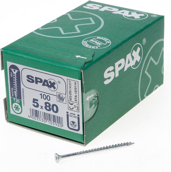 SPAX 1191010500803 Vis à bois 5 mm 80 mm Torx, 6 pans intérieurs ronds acier étamé par galvanisation 100 pc(s)