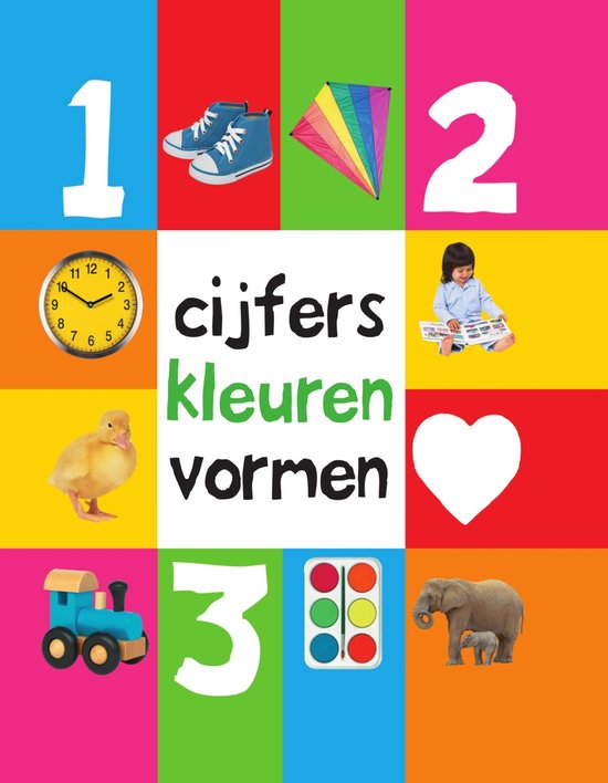 Boek met de titel 'Cijfers kleuren vormen', afbeeldingen van cijfers, schoenen, vlieger, klok, eendje, kind, hart, trein, verf en olifanten.