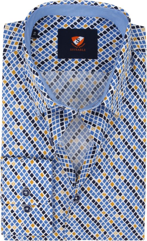 Suitable - Overhemd Ruit Blauw Geel - 40 - Heren - Modern-fit