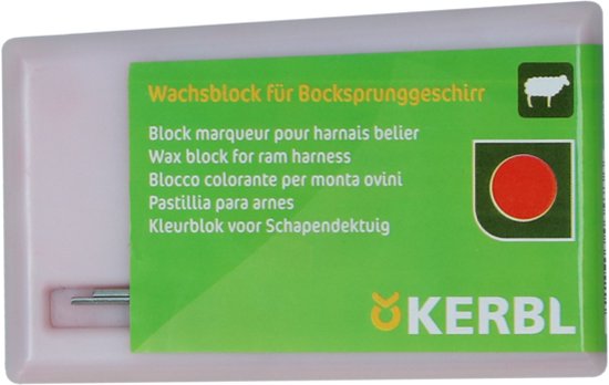 Verpakking van een rood dekblok voor schapendektuig met meertalige tekst 'Wachsblock für Bockssprunggeschirr' en het KERBL logo.
