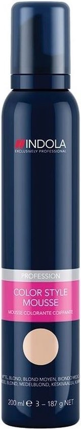 Indola Color Style Mousse, in donkerblauwe bus met een roze label en gouden cirkel.