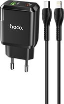 HOCO N5 Favor - 2-Poort iPhone en Android Oplader - PD 20W + QC3.0 + USB-C naar Lightning Kabel - Zwart
