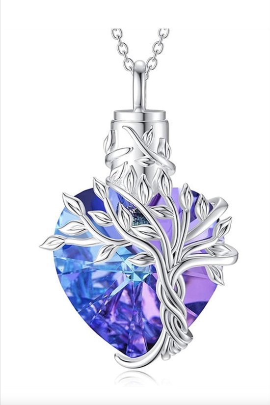 Bijoux by Ive - Ashanger met ketting  - Blauw en paars hart - Levensboom - Zilverkleurig