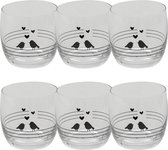 Clayre & Eef Waterglas set van 6 8*8 cm / 260 ml Transparant Glas Vogeltjes en Hartjes Drinkbeker Drinkglas Sapglas