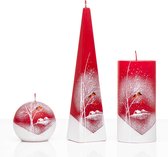 Kaarsen - set van drie - Rood - Handgeschilderd - Sneeuw en vogels - kerst