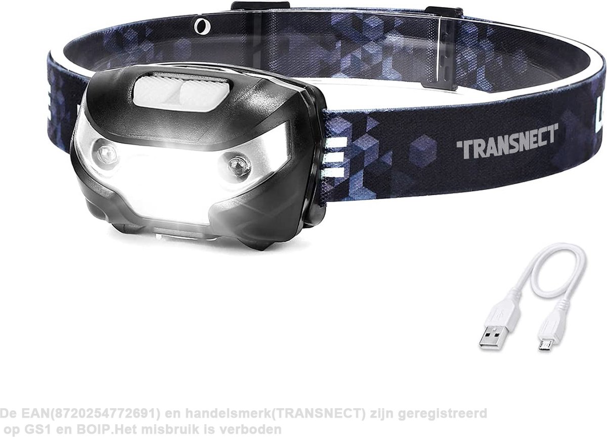 Transnect - Hoofdlamp LED Oplaadbaar - met Bewegingsdetectie - 150 Lumen – 30h - Inclusief Batterij - Waterdicht - voor Camping, Wandelen met Hond, Noodgeval - TRANSNECT