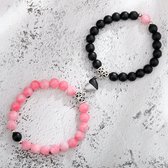 Magnetische Hartjes Kralen Armband set - Roze / Zwart - Romantisch Liefdes Cadeau - Geschenkset Mannen Vrouwen - Valentijnsdag voor Mannen - Valentijn Cadeautje voor Hem - Valentij