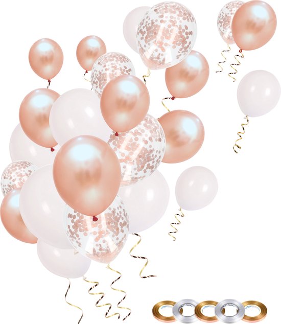 Partizzle 50x Papieren Confetti & Latex Helium Ballonnen - Verjaardag Versiering - Bruiloft / Huwelijk Ballonnenboog Decoratie - Rose Goud en Wit