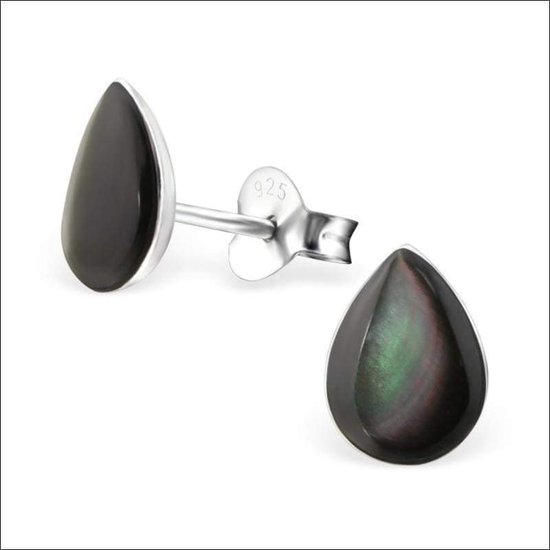 Aramat jewels ® - Zilveren druppel oorbellen schelp 925 zilver zwart 6mm x 8mm
