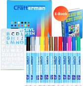 Crafterman 12 st. Acryl Stiften set - Met Stencil & eBook - Happy Stones - Voor Stenen Schilderen - Verfstiften - Acrylverf