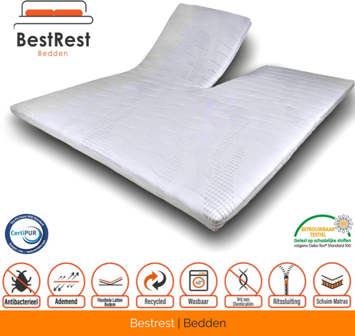Bestrest Bedden Splittopper Cooltouch - Nasa Traagschuim - 180x220cm - circa 7cm dik Wit