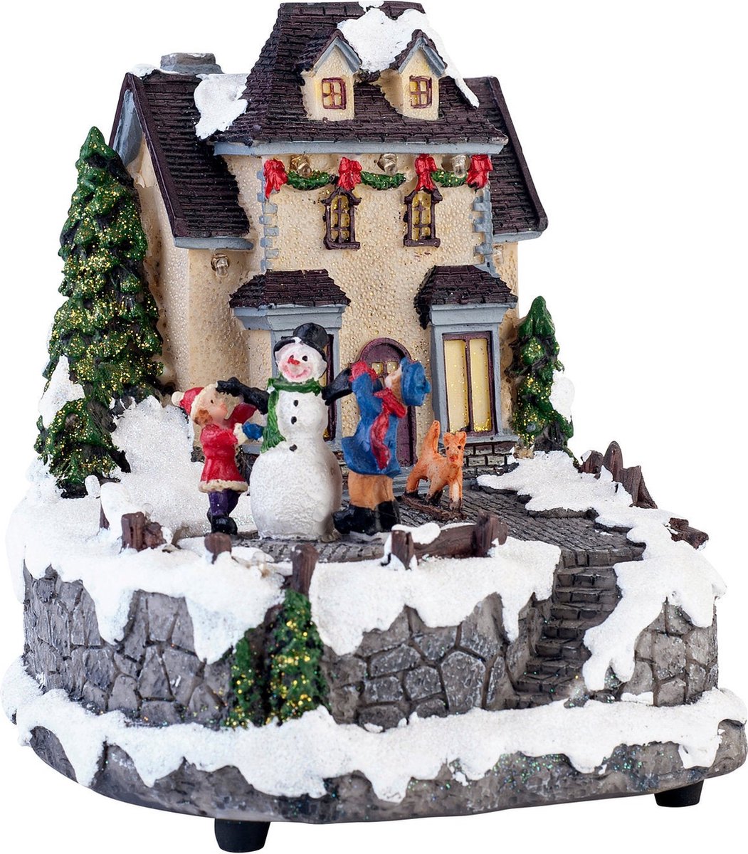 Huisje met sneeuwpop en LED verlichting H 18,5 cm