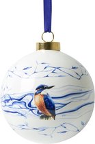 Heinen Delfts Blauw | Porseleinen kerstbal met ijsvogel | Kersthanger | 8 cm doorsnee