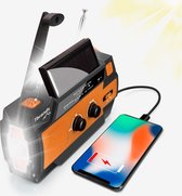 Tbrands ® Noodradio - Opwindbare radio - Noodradio dynamo solar - Noodradio opwindbaar - Noodradio zaklamp/Powerbank - Survival radio - Inclusief opbergzak - Oranje