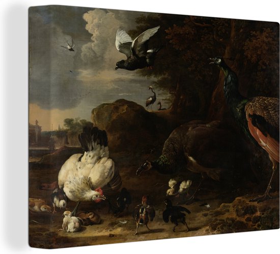 Canvas Schilderij Een hen met kuikens bedreigd door twee pauwen - Schilderij van Melchior d'Hondecoeter - Wanddecoratie