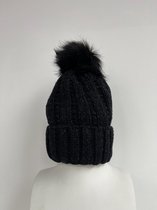 Gebreide Muts met Thermische Vulling - Gestreepte Beanie met pompon - Zwart - Een Maat