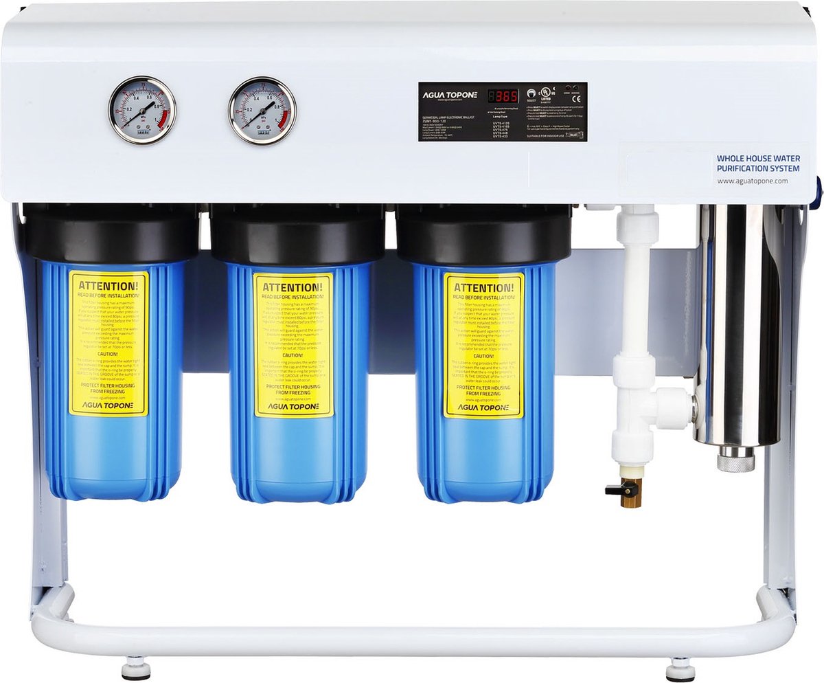VHW104S Drinkwater UV Filter Systeem , 5 traps , op standaard, 30 liter /minuut . Maakt van Regenwater, oppervlakte of Putwater PUUR veilig drinkwater voor uw hele huis , Tiny-house of bedrijf. Inclusief PRE-Filter 40-60 micron voor zand en vuil.