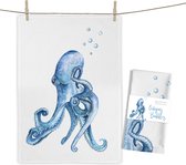 DESIGN theedoek met uniek aquarel print ' Octopus' - 100% katoen