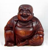 Lachende Boeddha - Hout - Beeld - Gesneden - Hoog 22 cm.