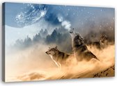 Trend24 - Canvas Schilderij - Howling Wolven - Schilderijen - Natuur - 100x70x2 cm - Oranje